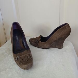 Y2K Style Jessica Bennett Brown Suede Fringe Buckle Wedge Heels Round Toe 9.5